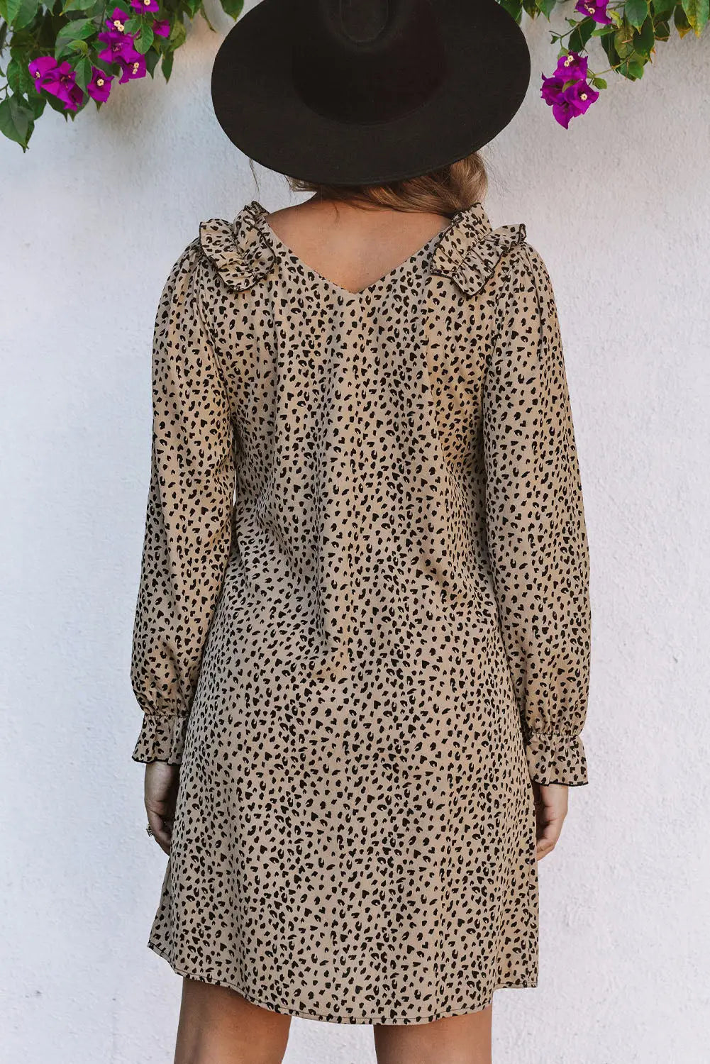 Khaki Leopard Frill Trim V Neck Dress-1