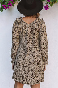 Thumbnail for Khaki Leopard Frill Trim V Neck Dress-1