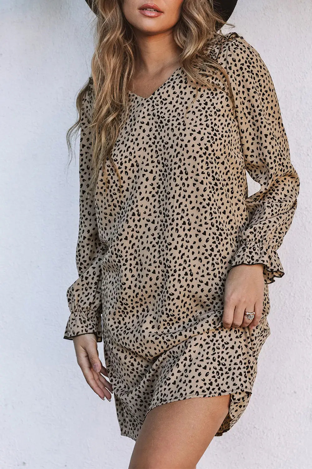 Khaki Leopard Frill Trim V Neck Dress-4