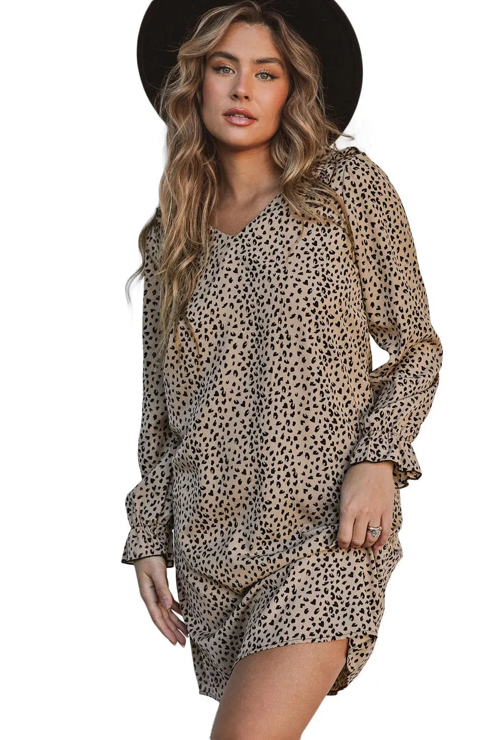 Khaki Leopard Frill Trim V Neck Dress-5
