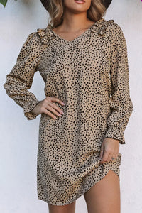 Thumbnail for Khaki Leopard Frill Trim V Neck Dress-3