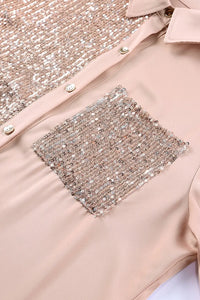 Thumbnail for Khaki Sequin Splicing Pocket Buttoned Shirt Dress-8