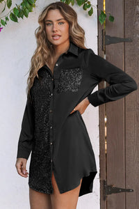 Thumbnail for Khaki Sequin Splicing Pocket Buttoned Shirt Dress-15