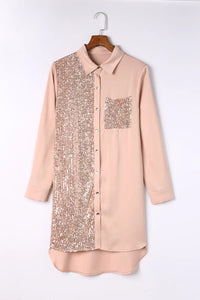 Thumbnail for Khaki Sequin Splicing Pocket Buttoned Shirt Dress-5