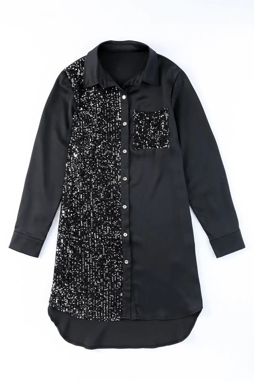 Khaki Sequin Splicing Pocket Buttoned Shirt Dress-22