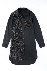 Thumbnail for Khaki Sequin Splicing Pocket Buttoned Shirt Dress-22