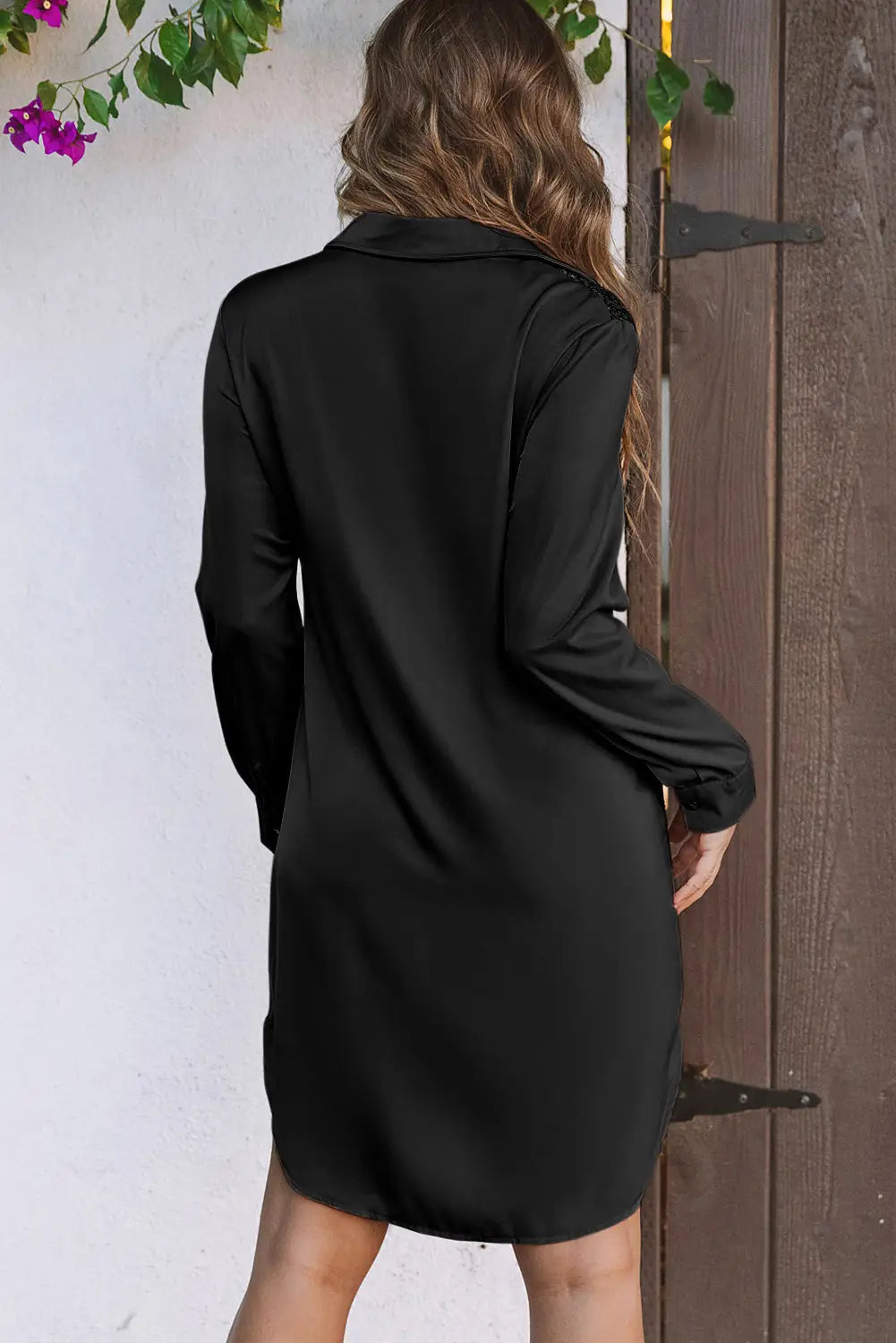 Khaki Sequin Splicing Pocket Buttoned Shirt Dress-14