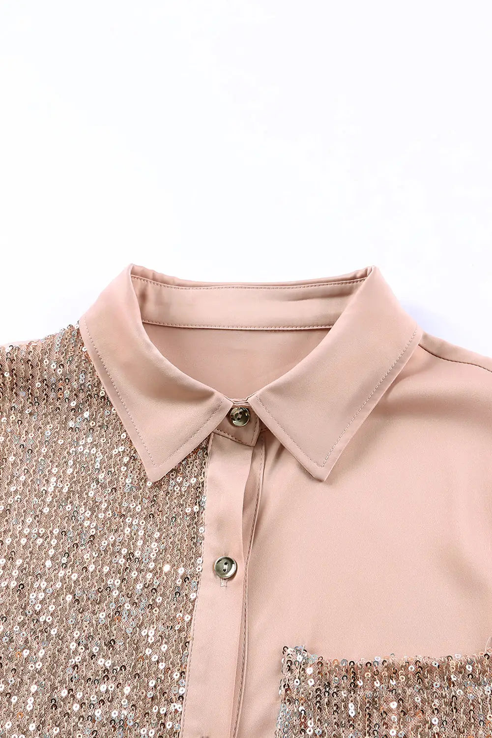 Khaki Sequin Splicing Pocket Buttoned Shirt Dress-7