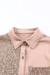 Thumbnail for Khaki Sequin Splicing Pocket Buttoned Shirt Dress-7