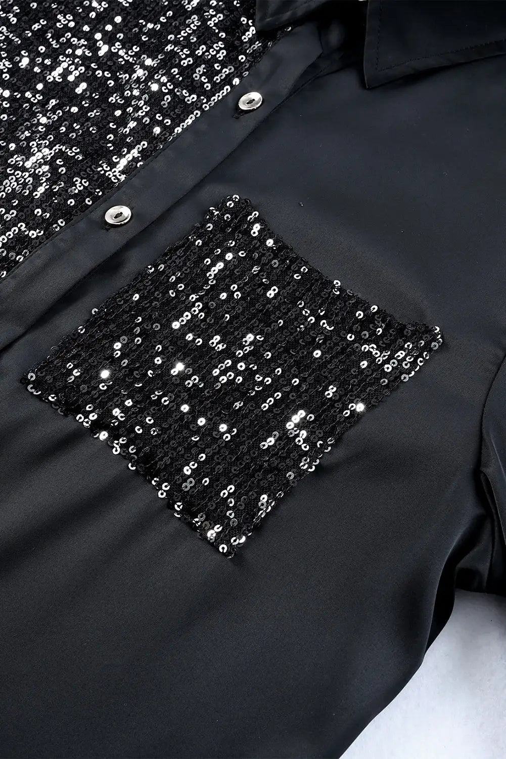 Khaki Sequin Splicing Pocket Buttoned Shirt Dress-25