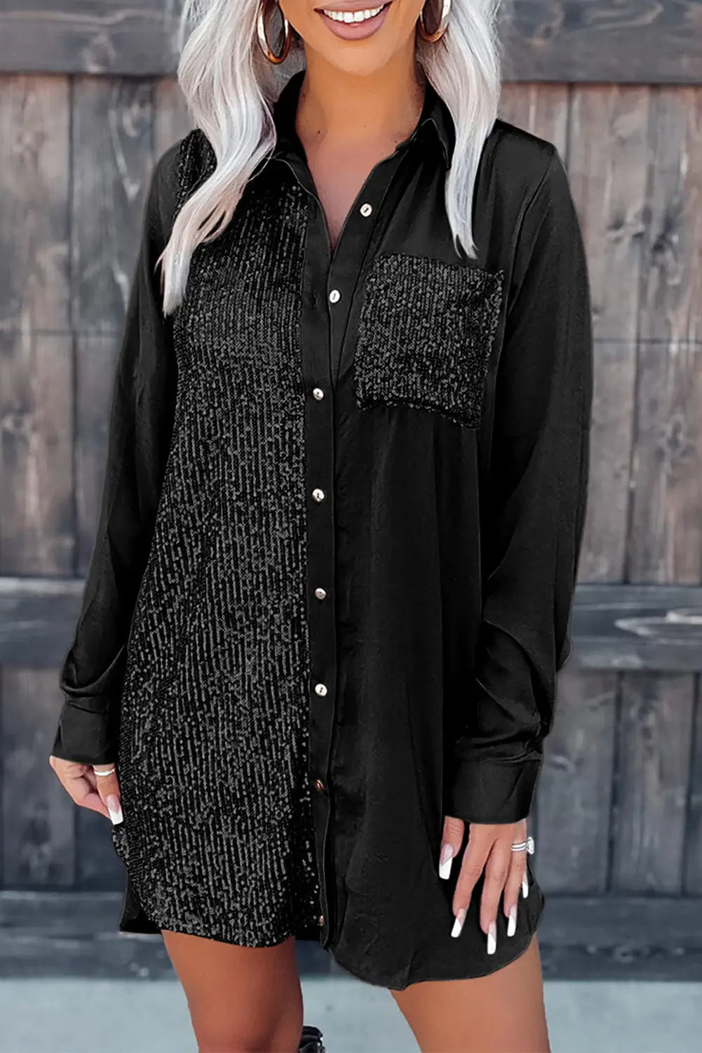 Khaki Sequin Splicing Pocket Buttoned Shirt Dress-18