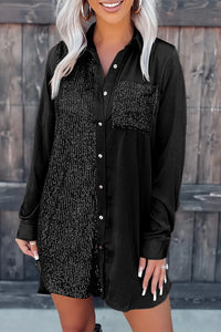 Thumbnail for Khaki Sequin Splicing Pocket Buttoned Shirt Dress-18