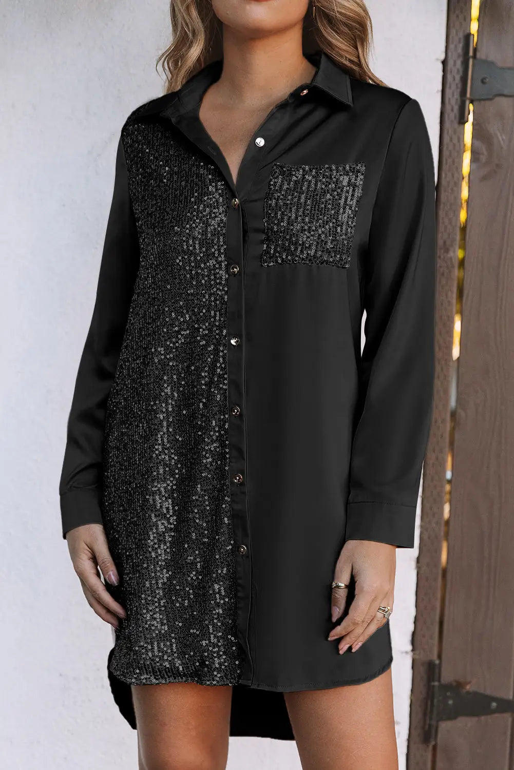 Khaki Sequin Splicing Pocket Buttoned Shirt Dress-17