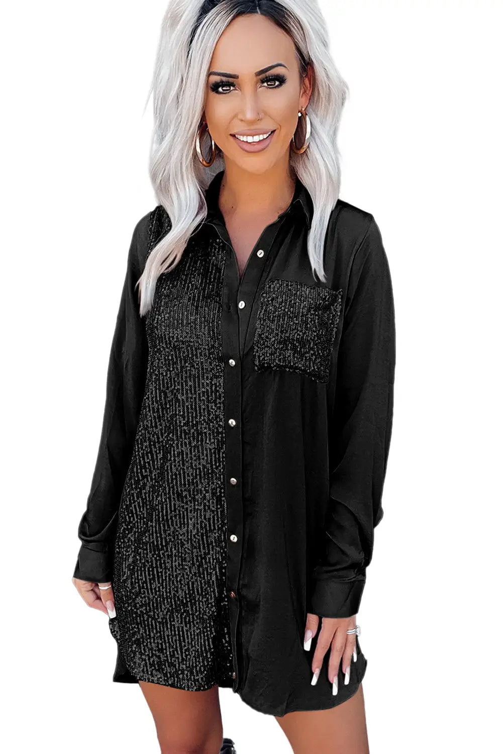 Khaki Sequin Splicing Pocket Buttoned Shirt Dress-21
