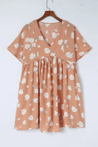 Thumbnail for Khaki V Neck Floral Babydoll Dress with Pockets-7