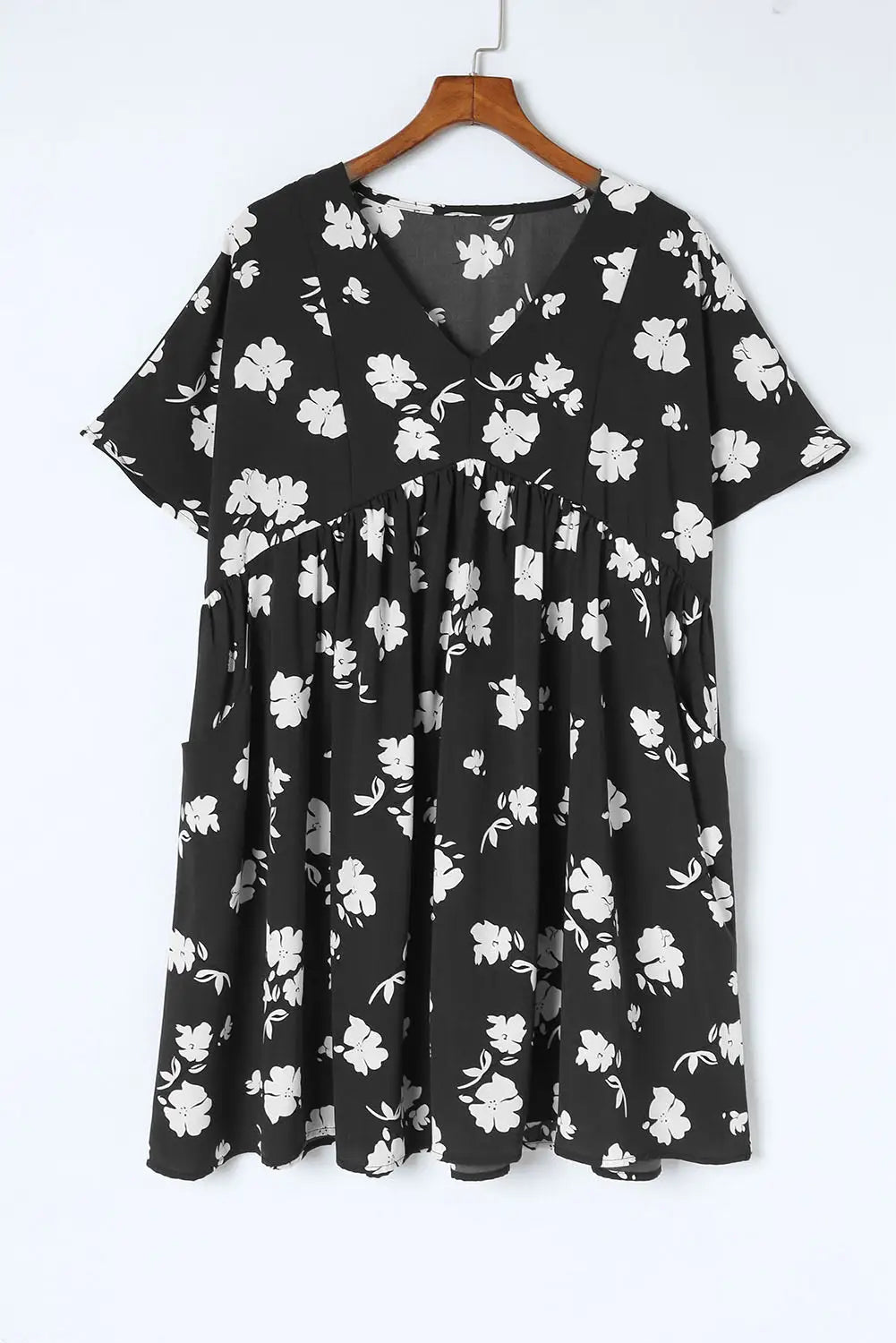 Khaki V Neck Floral Babydoll Dress with Pockets-18