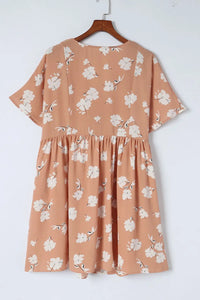 Thumbnail for Khaki V Neck Floral Babydoll Dress with Pockets-8