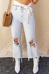 Thumbnail for Light Blue High Rise Ripped Frayed Hem Straight Jeans-5
