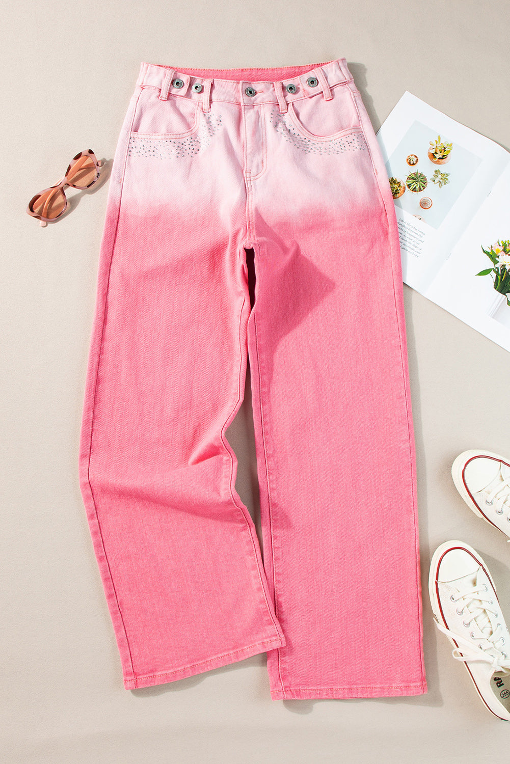 Pink Rhinestone Gradient Denim Pants-4