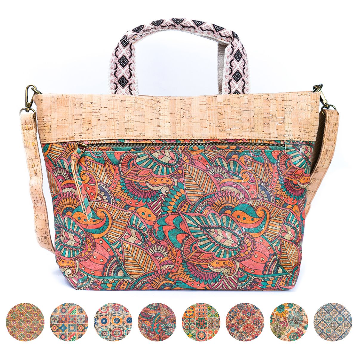 Natural Cork Tote with Printed Design and Cotton Woven Handles BAGF-087-0