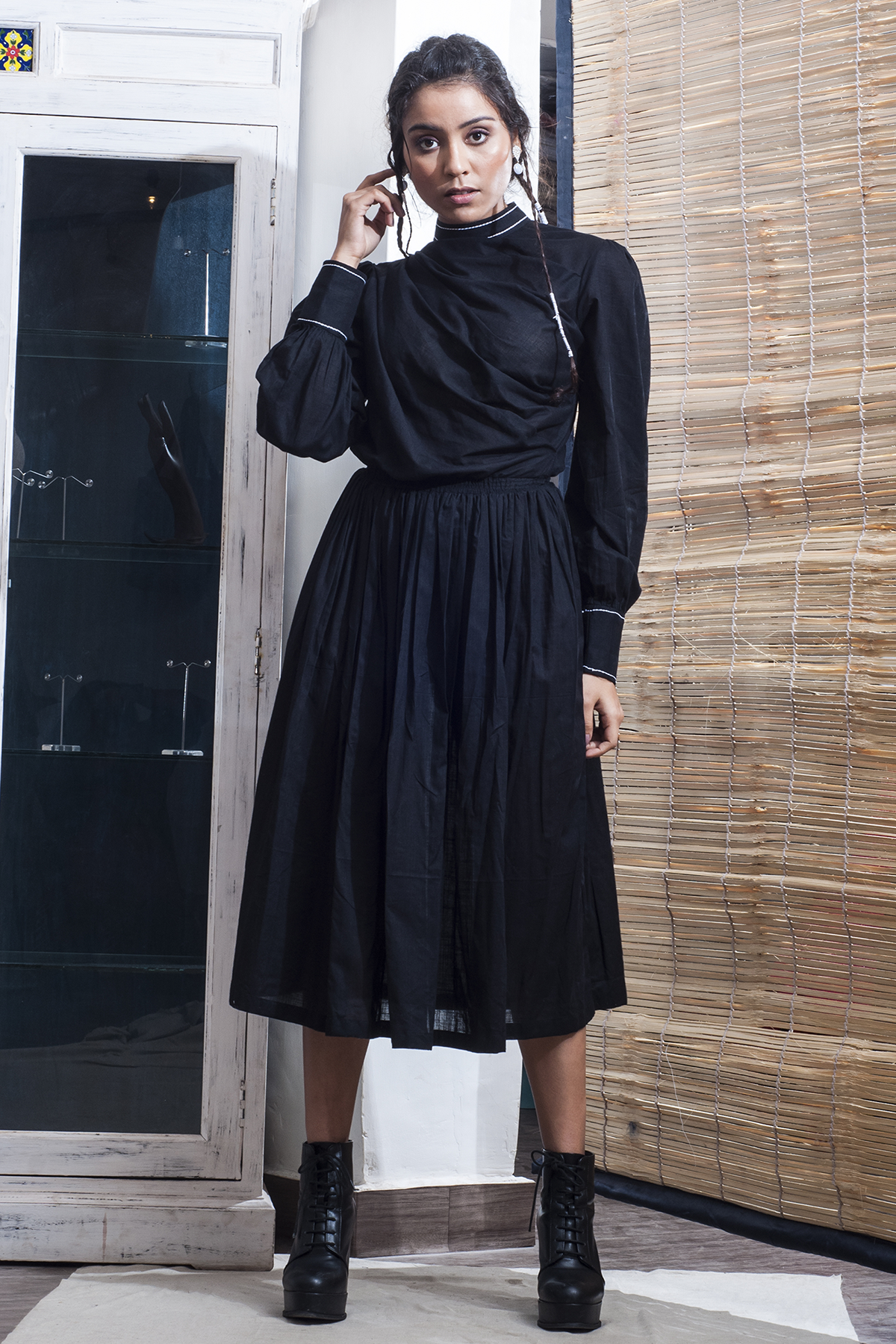 Harper - Black Flared Dress with Long Sleeve-0