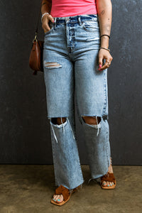 Thumbnail for Raw Hem Straight Jeans - Light Blue Distressed Ripped-4