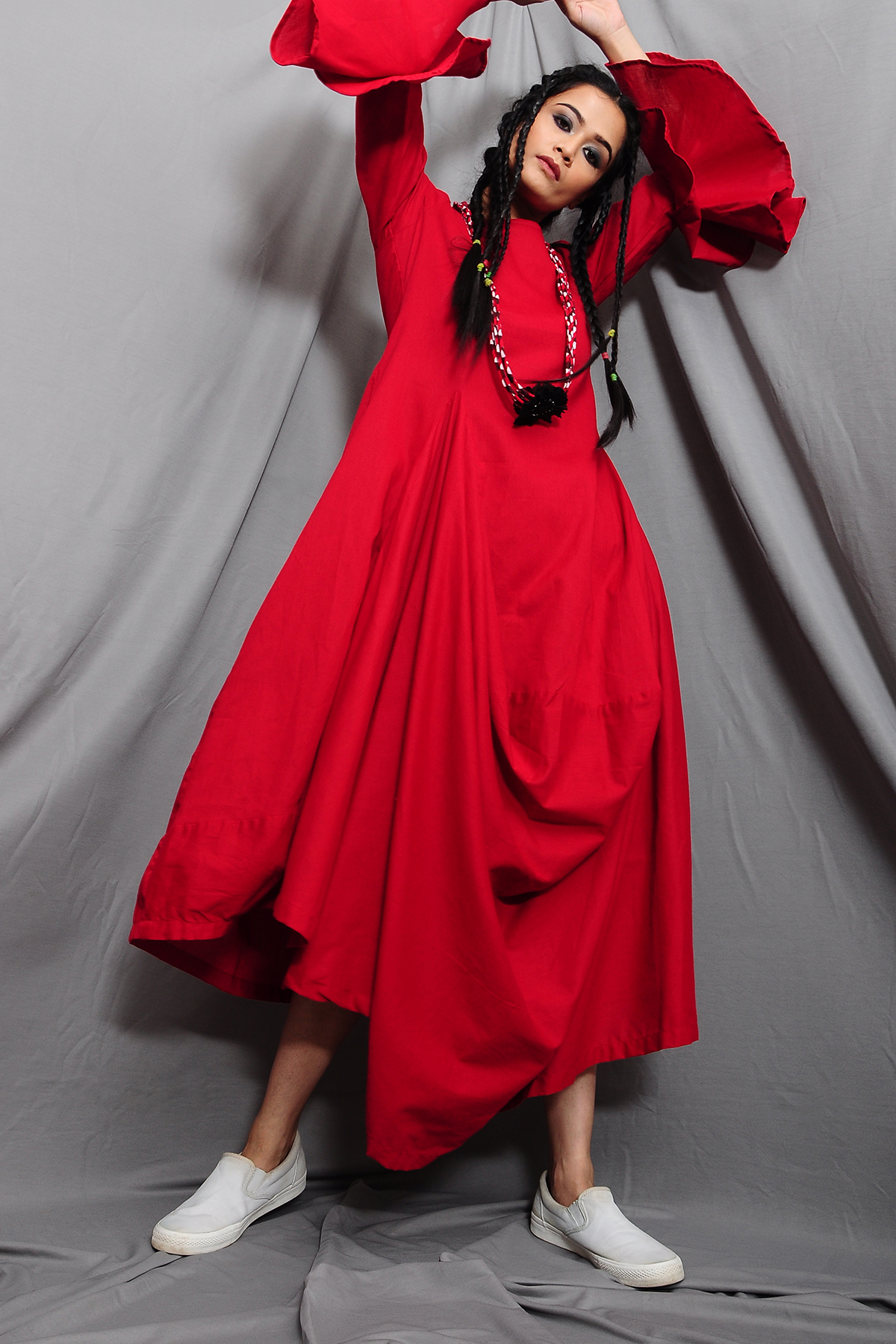 Petal- Red Cowl Dress With Bell Sleeve & Necklace-0