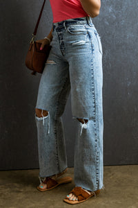 Thumbnail for Raw Hem Straight Jeans - Light Blue Distressed Ripped-2