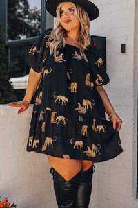 Thumbnail for Black Plus Size Cheetah Print Puff Sleeve Ruffle Mini Dress-3