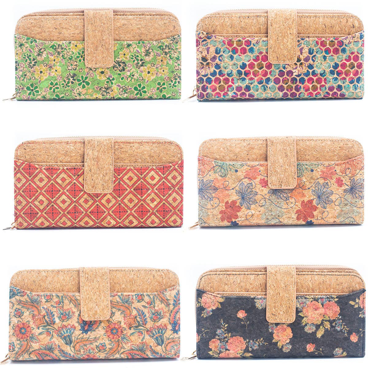 6 Natural Cork card holder Wallets with Floral Print Patterns (6 Units) HY-026-MIX-6-0