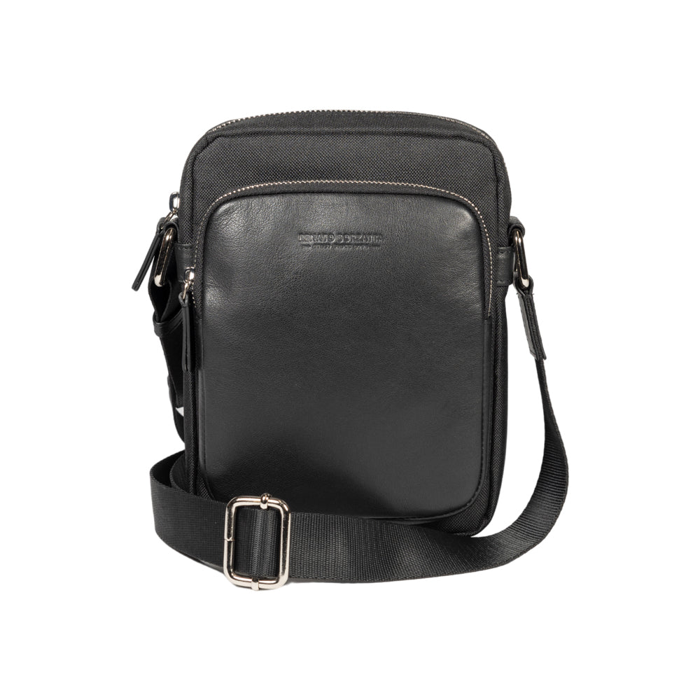 RB2002A | Nylon/Genuine Leather Shoulder Bag, with light grain. Zip closure and adjustable shoulder strap - Color Black - Dimensions: cm 15.5 x 21 x 7. Packaging: Non-woven fabric bag-1