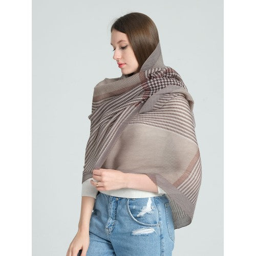 SF1288-KHAKI Beautiful Lightweight Houndstooth Pleated Shawl-0