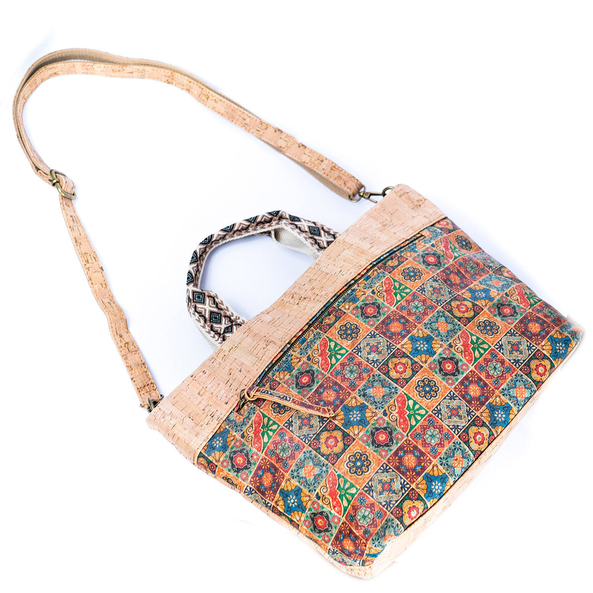 Natural Cork Tote with Printed Design and Cotton Woven Handles BAGF-087-3