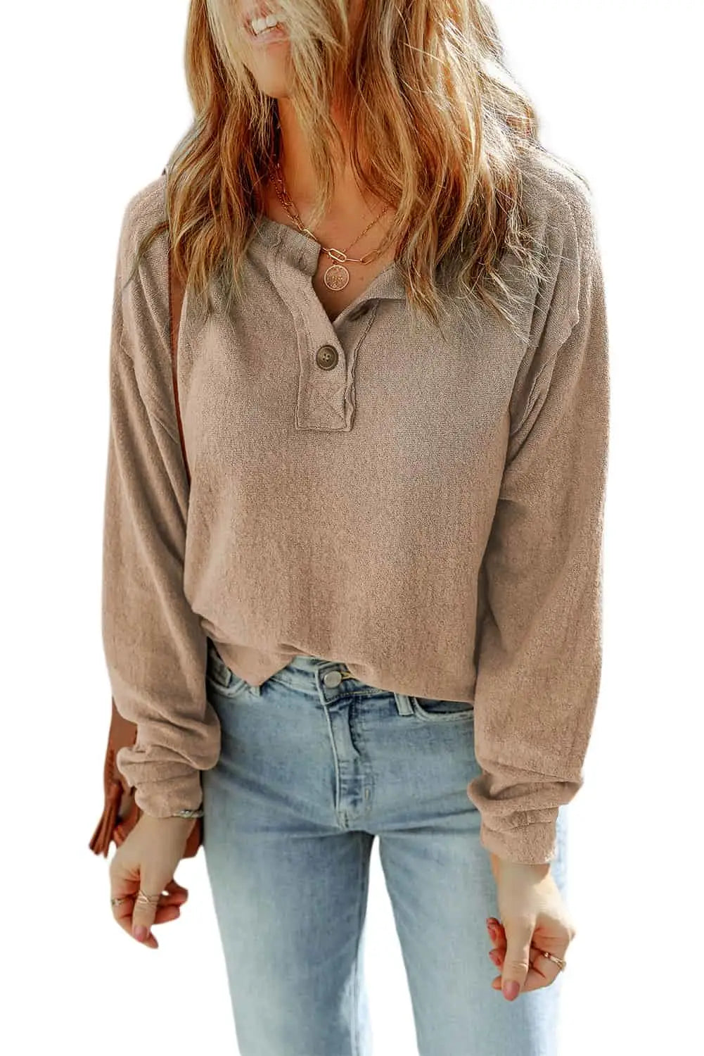 Apricot Button Split Neck Retro Patchwork Long Sleeve Top-5