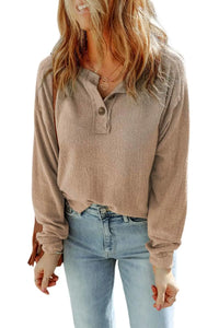 Thumbnail for Apricot Button Split Neck Retro Patchwork Long Sleeve Top-5