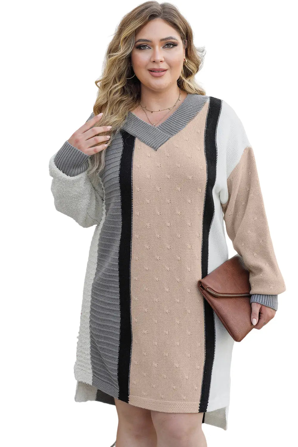 Apricot Mixed Boucl Color Block Plus Size Sweater Dress-7