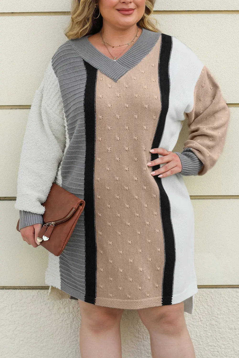 Apricot Mixed Boucl Color Block Plus Size Sweater Dress-4