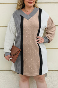 Thumbnail for Apricot Mixed Boucl Color Block Plus Size Sweater Dress-4