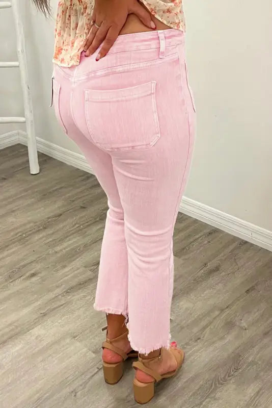 Apricot Pink Crop Jeans - Raw Edge-1