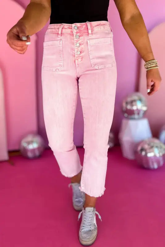 Apricot Pink Crop Jeans - Raw Edge-0