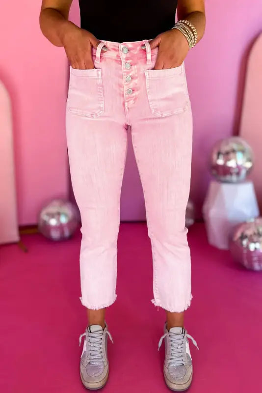 Apricot Pink Crop Jeans - Raw Edge-3