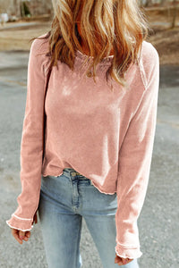 Thumbnail for Apricot Pink Textured Round Neck Long Sleeve Top-0