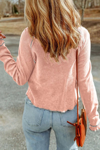 Thumbnail for Apricot Pink Textured Round Neck Long Sleeve Top-1