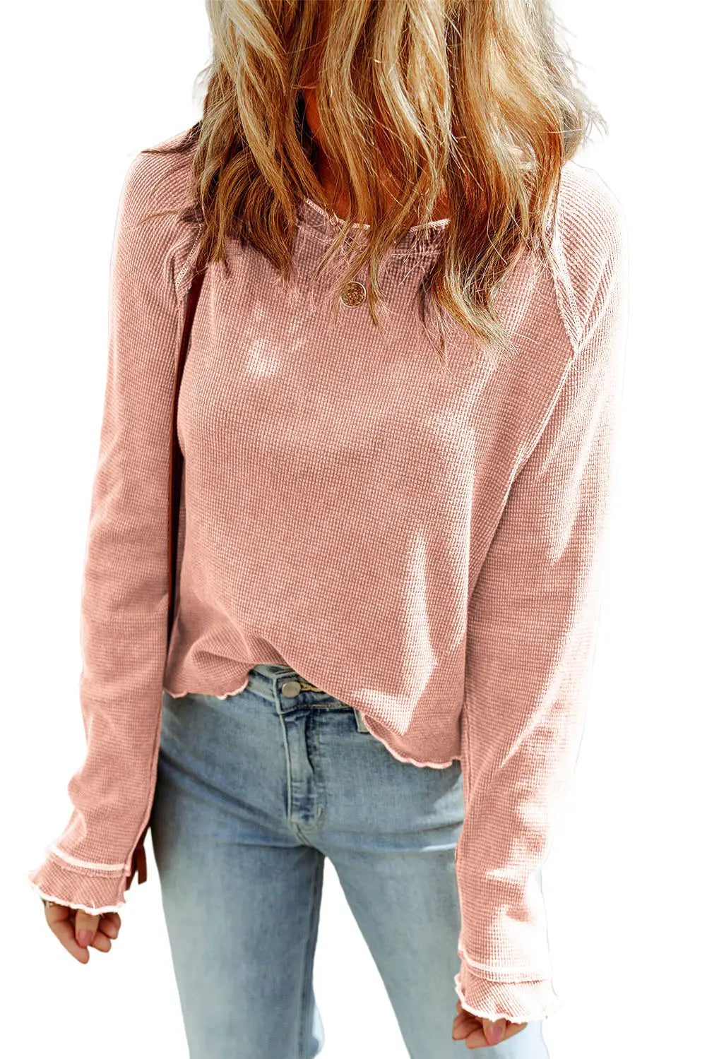 Apricot Pink Textured Round Neck Long Sleeve Top-3