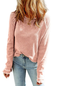 Thumbnail for Apricot Pink Textured Round Neck Long Sleeve Top-3