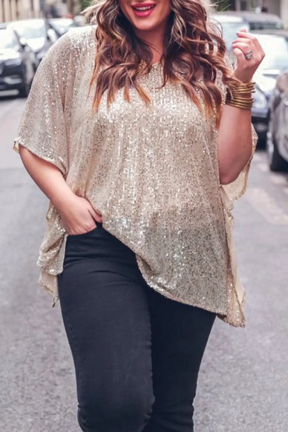 Apricot Plus Size Sequined V Neck Boxy Top-0