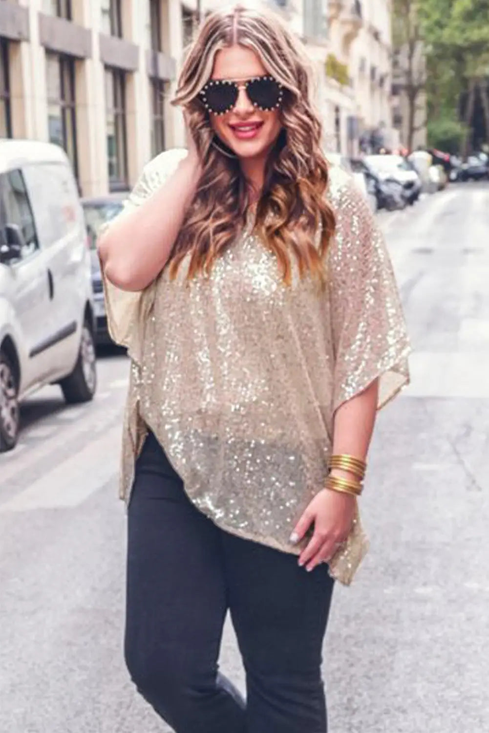 Apricot Plus Size Sequined V Neck Boxy Top-2