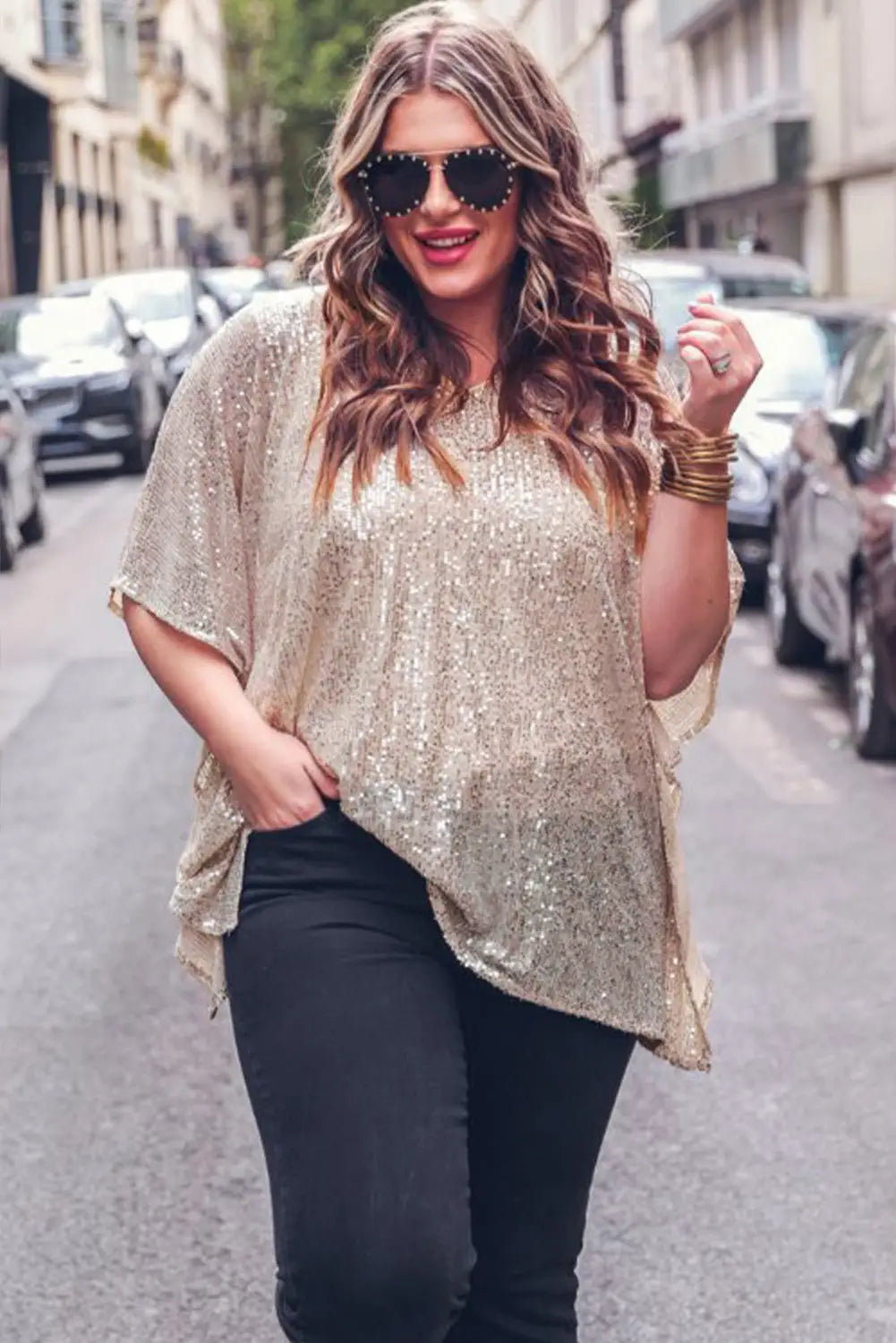 Apricot Plus Size Sequined V Neck Boxy Top-3