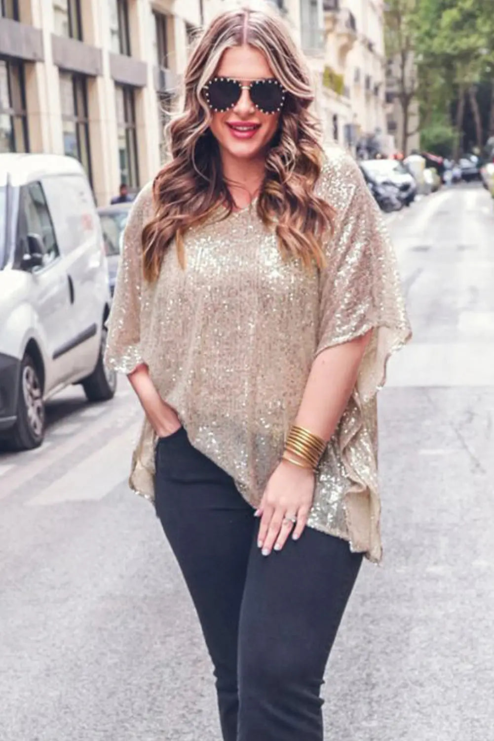 Apricot Plus Size Sequined V Neck Boxy Top-1