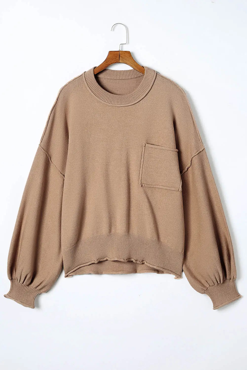 Apricot Raw Edge Patch Pocket Exposed Seam Loose Sweater-7
